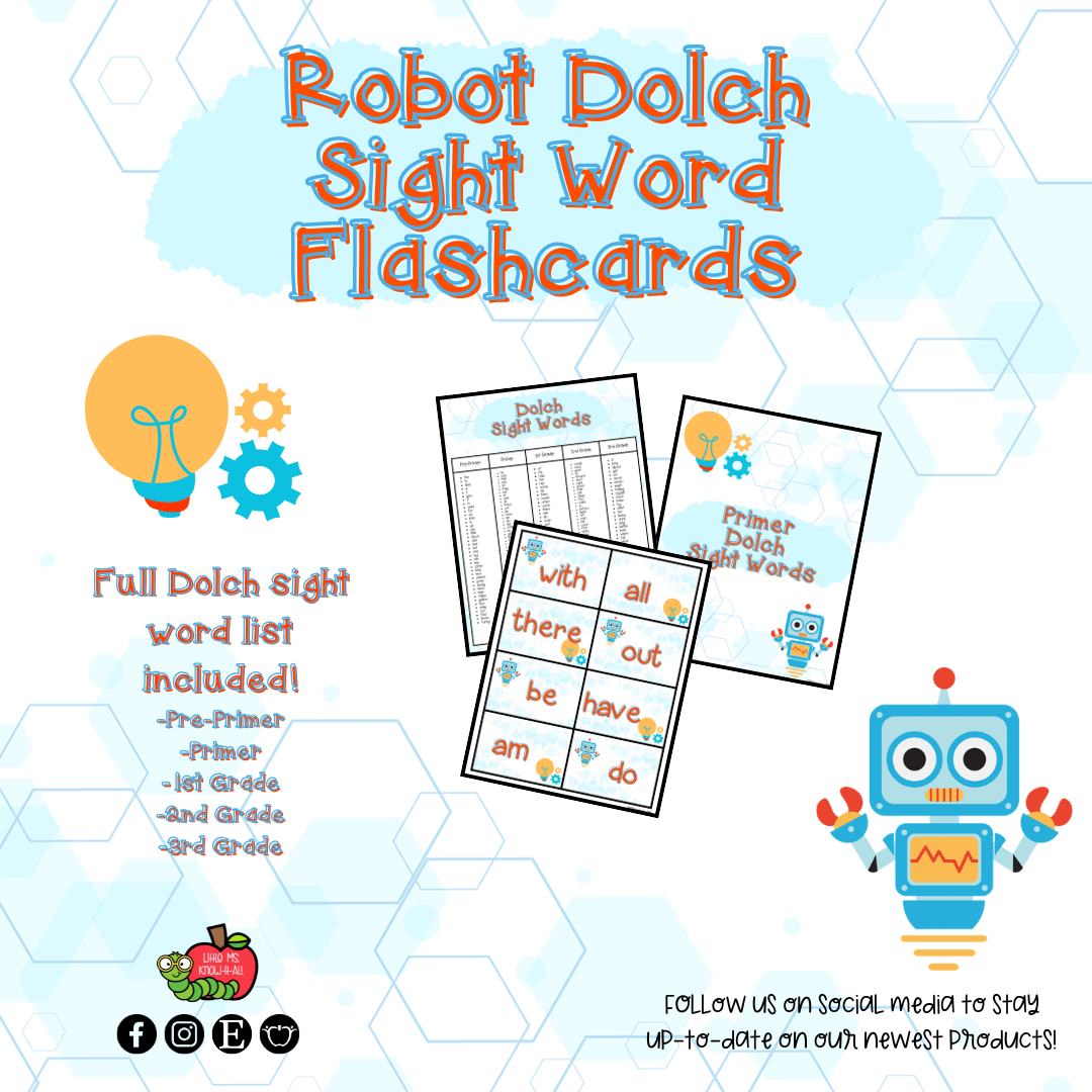 Robot Dolch Sight Word Printable Flashcards Little Ms Know it All Robot Dolch Sight Word Printable Flashcards Little Ms Know it All