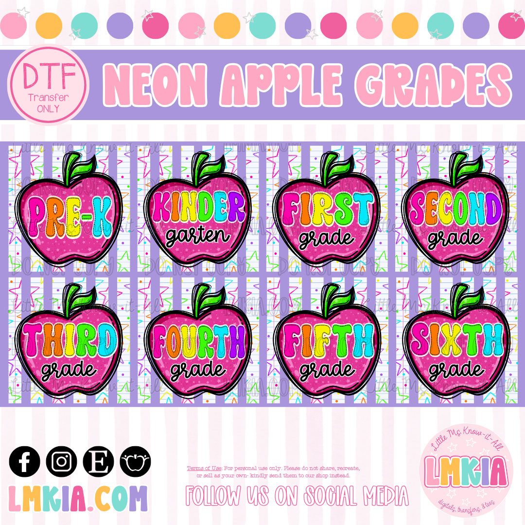 Neon Grade Levels DTF Transfer