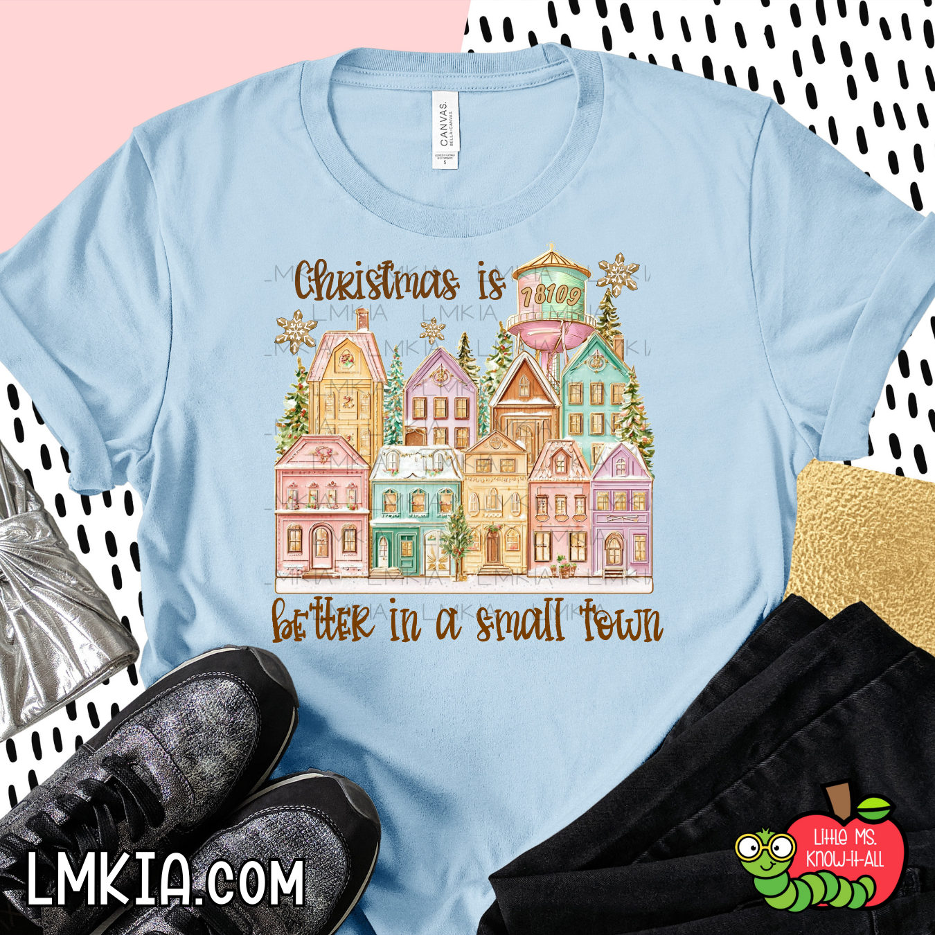 Custom Small Town Christmas Pastel Village T-Shirt