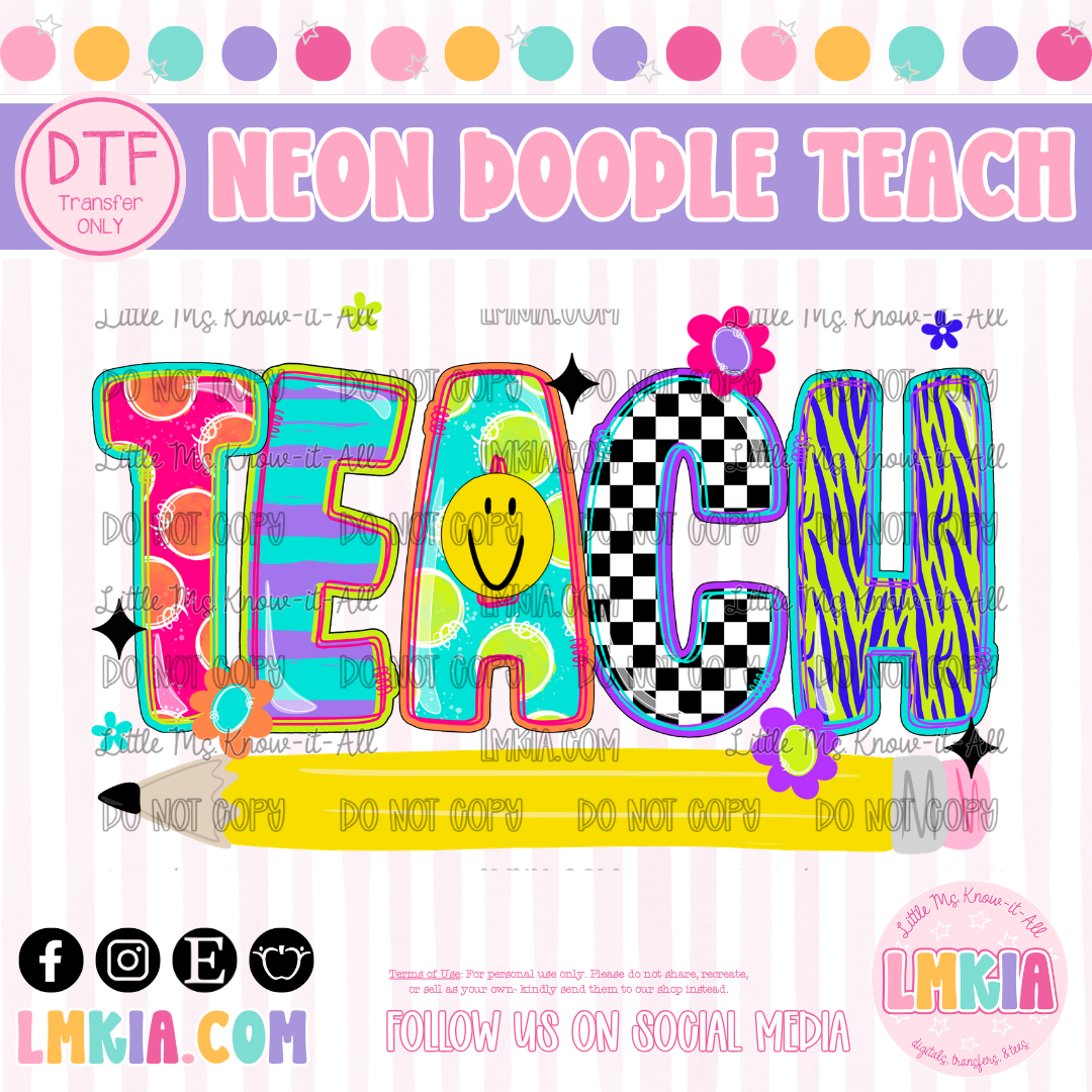Neon Doodle Teach DTF Transfer