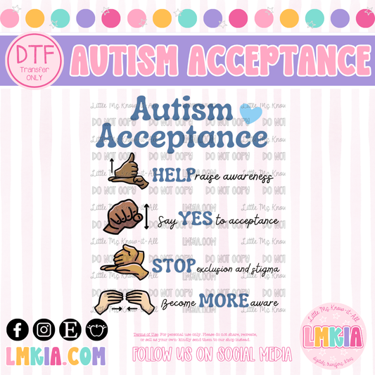 Sign Language Autism Acceptance DTF Transfer