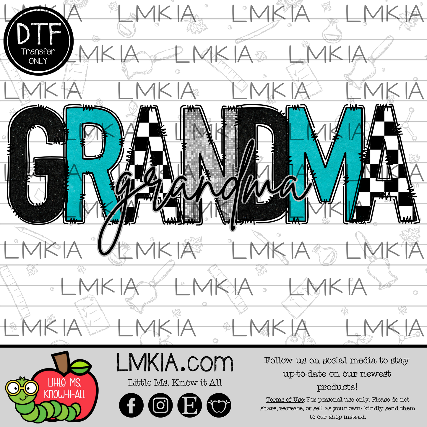 Turquoise Checkered Grandma DTF Transfer