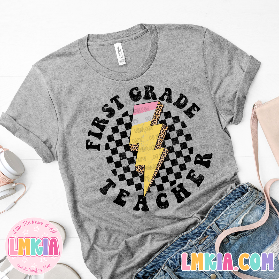 Retro Checkered Pencil Bolt Grade Level Teacher Team T-Shirts