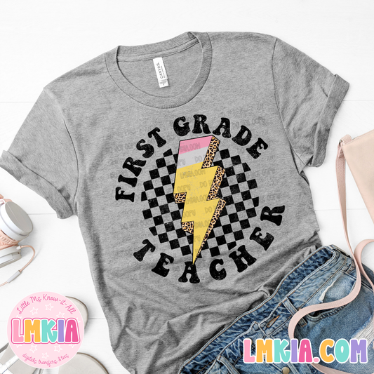 Retro Checkered Pencil Bolt Grade Level Teacher Team T-Shirts