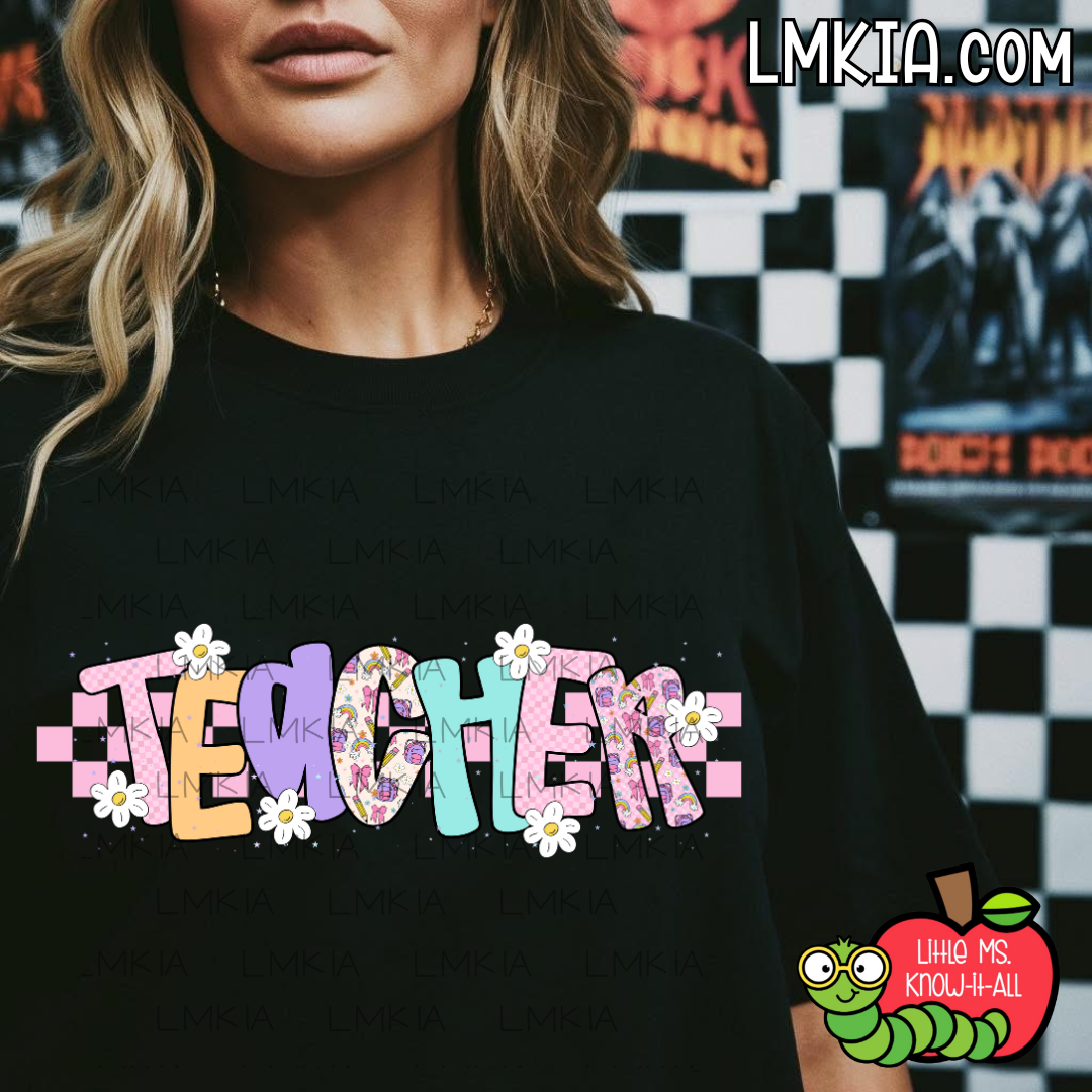 Checkered Pastel Teacher Doodle T-Shirt