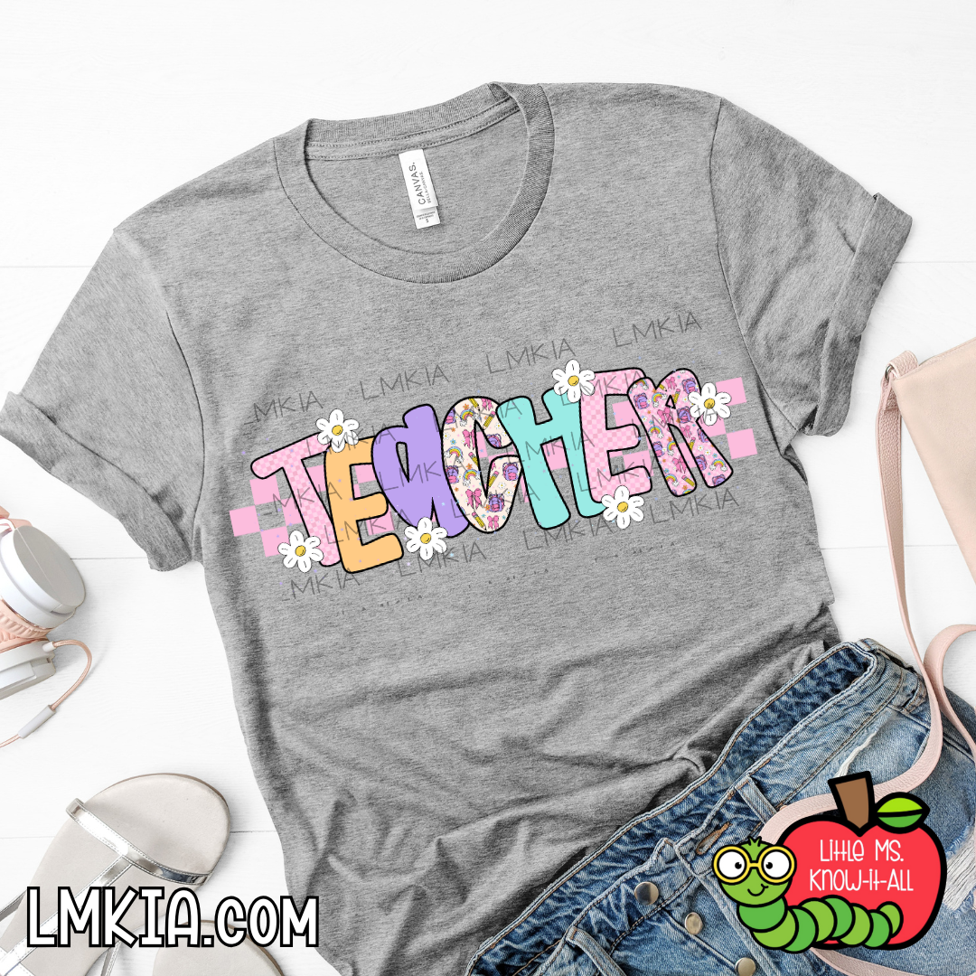 Checkered Pastel Teacher Doodle T-Shirt