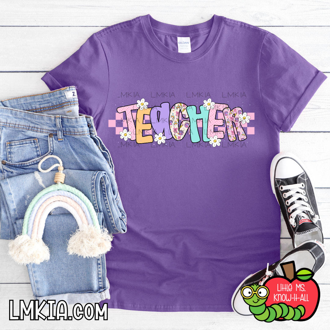 Checkered Pastel Teacher Doodle T-Shirt