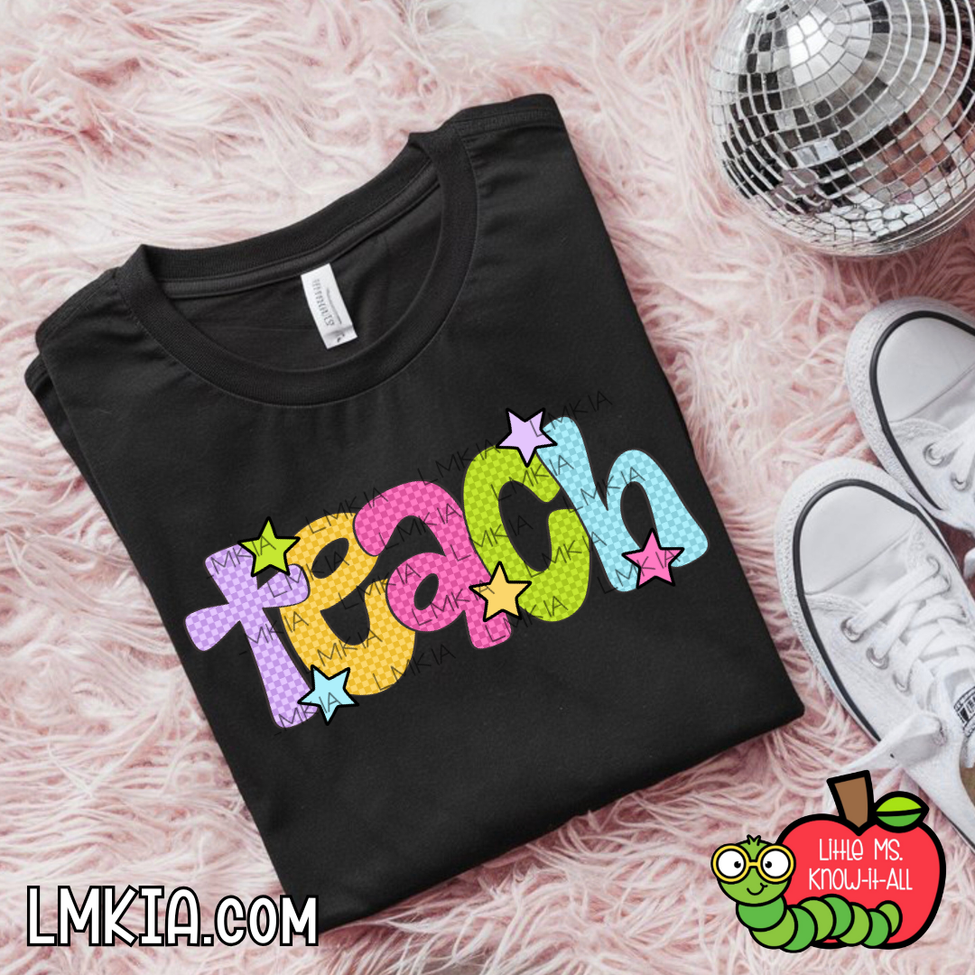 Neon Checkered Star Teach T-Shirt