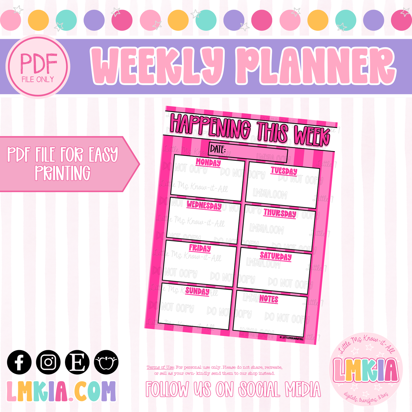 Pink Striped Weekly Planner Printable