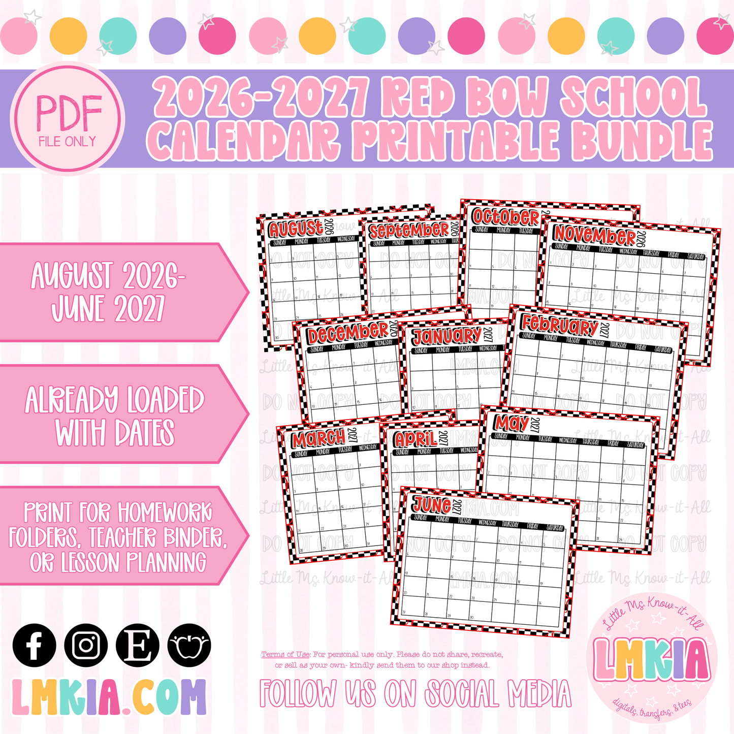 2026-2027 Red Bow School Year Calendar Bundle Printable