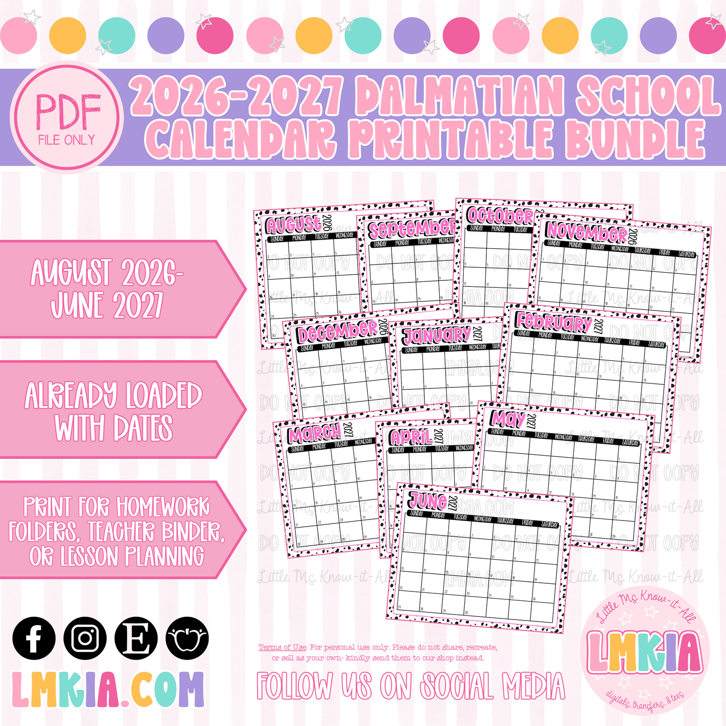 2026-2027 Pink Dalmatian School Year Calendar Bundle Printable