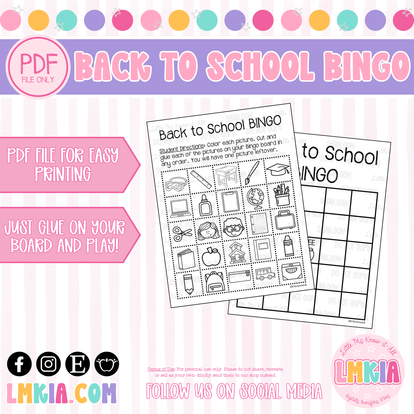 Back to School Bingo Board Printable