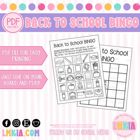Back to School Bingo Board Printable