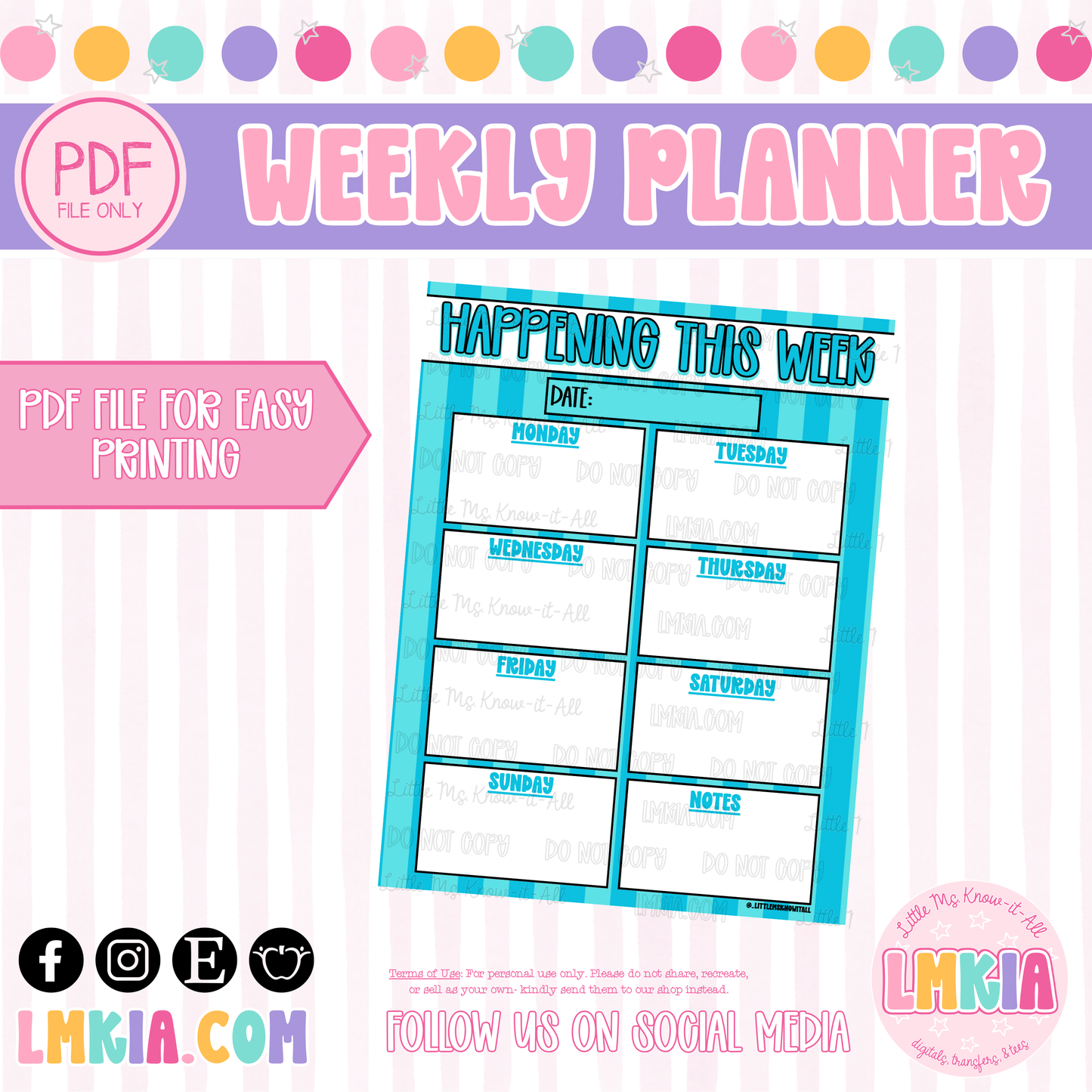 Teal Striped Weekly Planner Printable