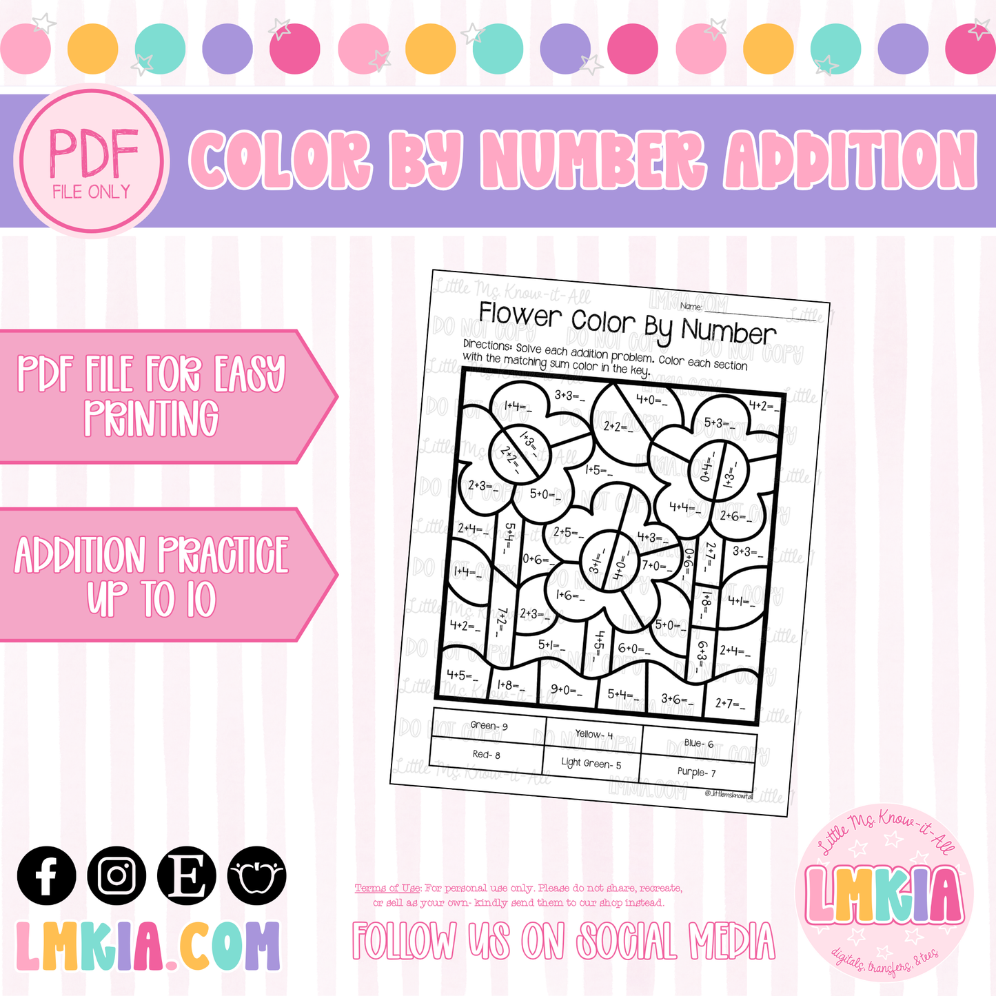 Flower Color-by-Number Addition Within 10 Math Printable