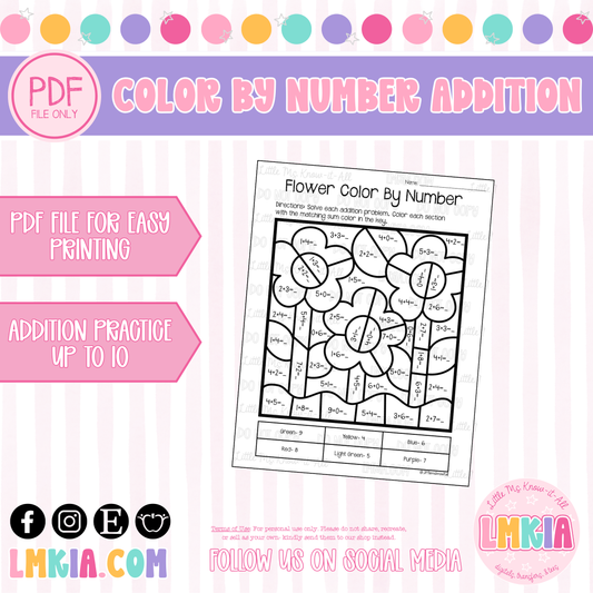 Flower Color-by-Number Addition Within 10 Math Printable