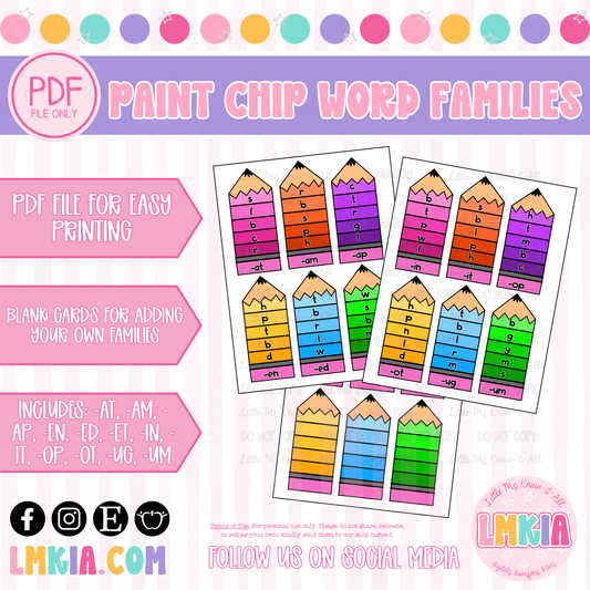 Paint Chip Pencil Word Families Task Cards Station