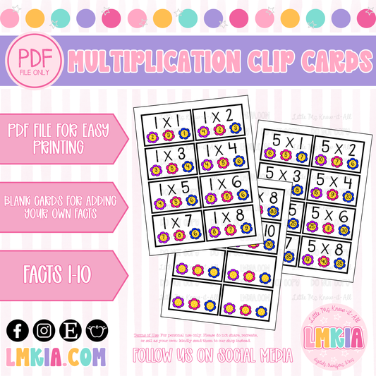 Flower Power Multiplication Fluency Printable Matching Clip Cards