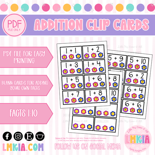 Flower Power Addition Fluency Printable Matching Clip Cards