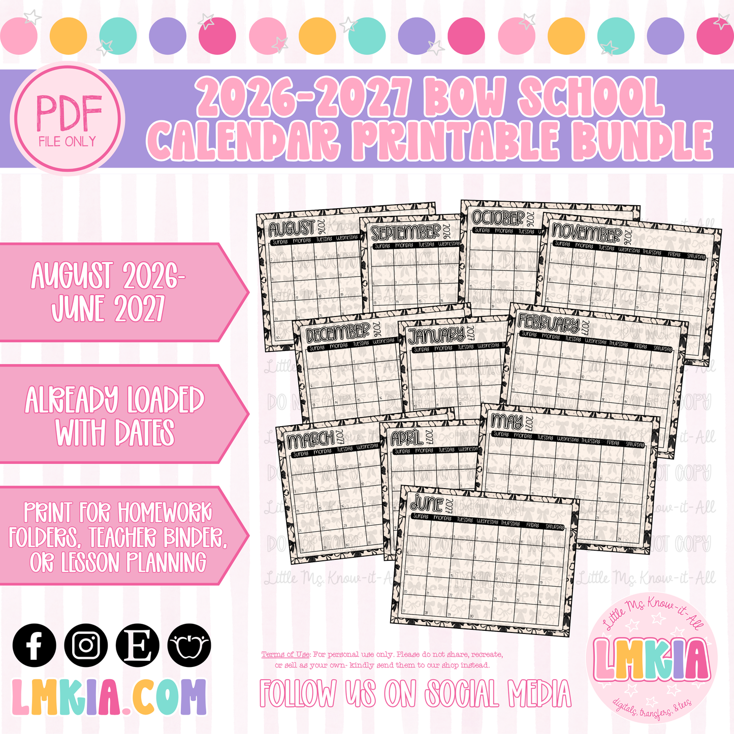 2026-2027 Bow School Year Calendar Bundle Printable