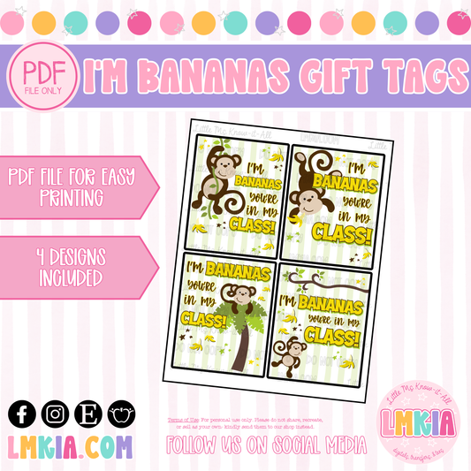 "I'm Bananas You're in My Class" Monkeys Printable Gift Tags