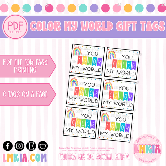 Rainbow "You Color My World" Printable Gift Tags