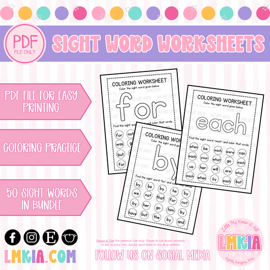 Coloring Sight Word Worksheets Bundle