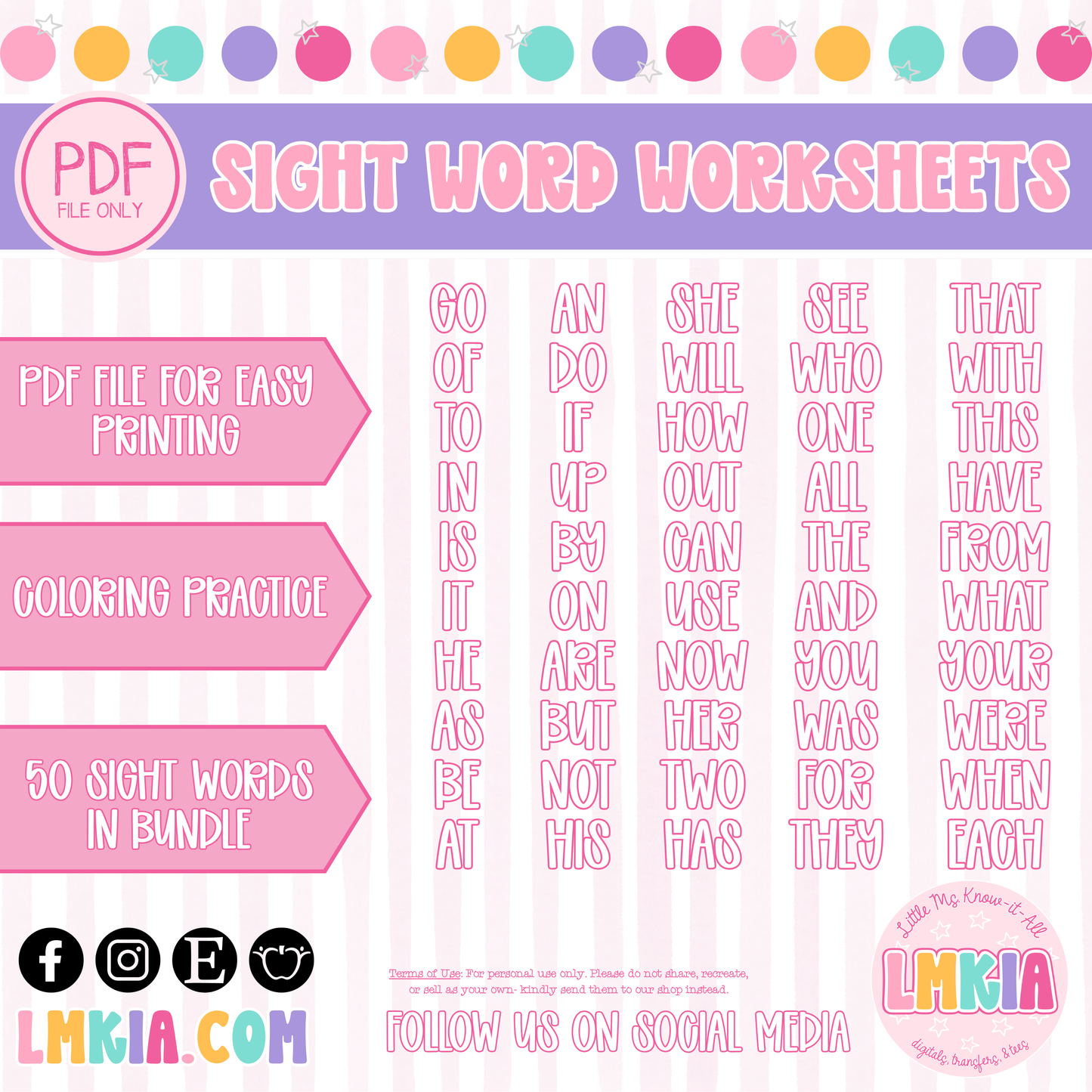 Coloring Sight Word Worksheets Bundle