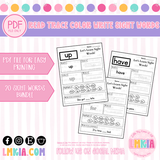 Read Trace Color Write Sight Words Worksheets Bundle