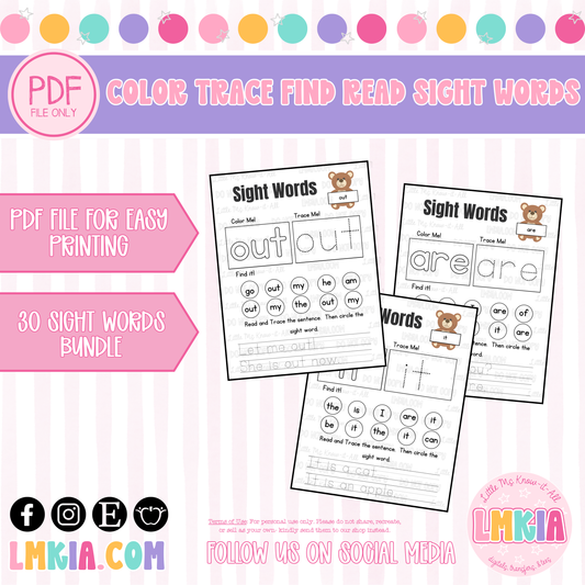 Color Trace Find Read Sight Word Worksheets Bundle