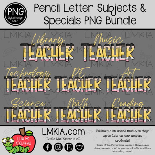 Pencil Letter Subjects Teacher Digital Design PNG Bundle