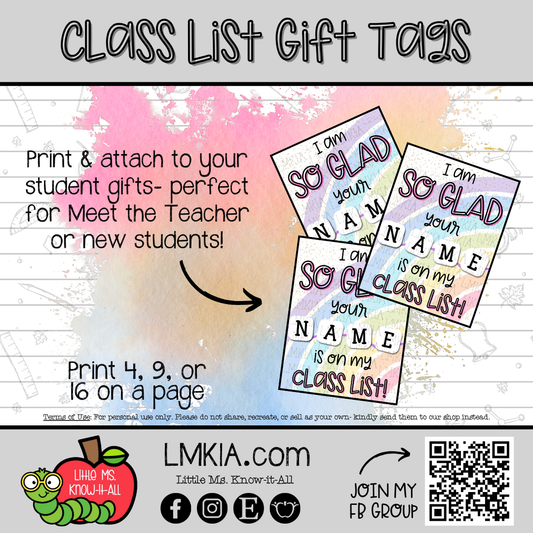 "I'm So Glad Your Name Is On My Class List" Friendship Bracelet Printable Gift Tags
