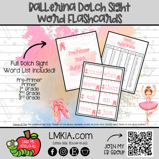 Ballerina Dolch Sight Word Printable Flashcards