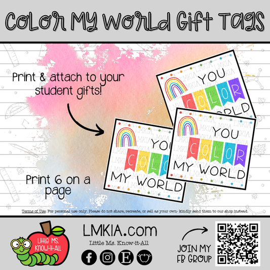 Rainbow "You Color My World" Printable Gift Tags