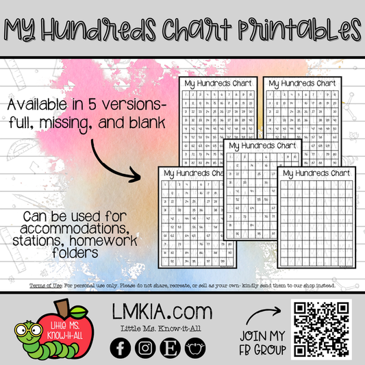 My Hundreds Chart Printable Digital Resource