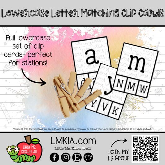 Lowercase Letter Matching Clip Cards