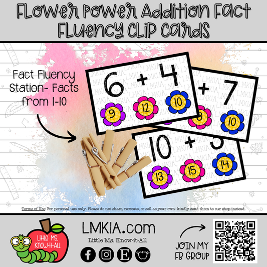 Flower Power Addition Fluency Printable Matching Clip Cards