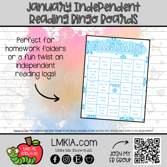 January Independent Reading Bingo Board Printable