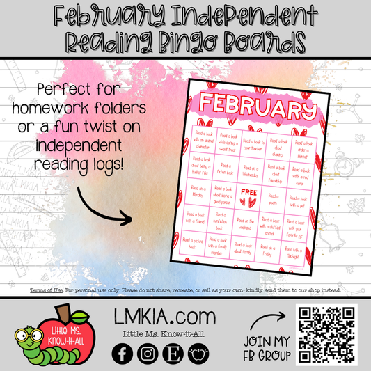 February Independent Reading Bingo Board Printable