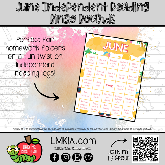 June Independent Reading Bingo Board Printable