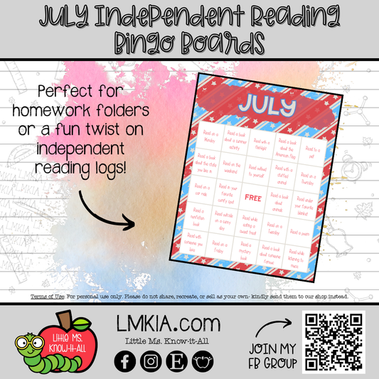 July Independent Reading Bingo Board Printable