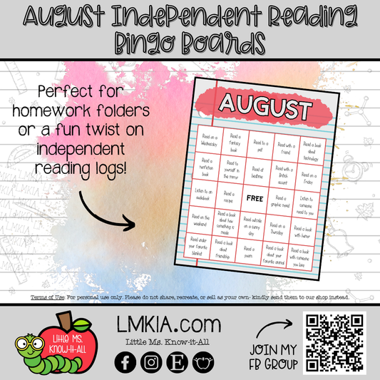August Independent Reading Bingo Board Printable