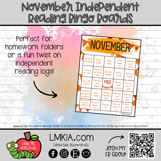 November Independent Reading Bingo Board Printable