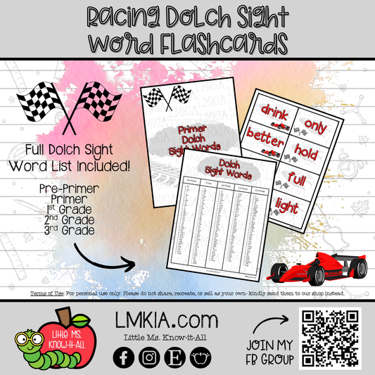 Racing Dolch Sight Word Printable Flashcards