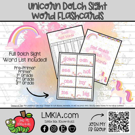 Unicorn Dolch Sight Word Printable Flashcards