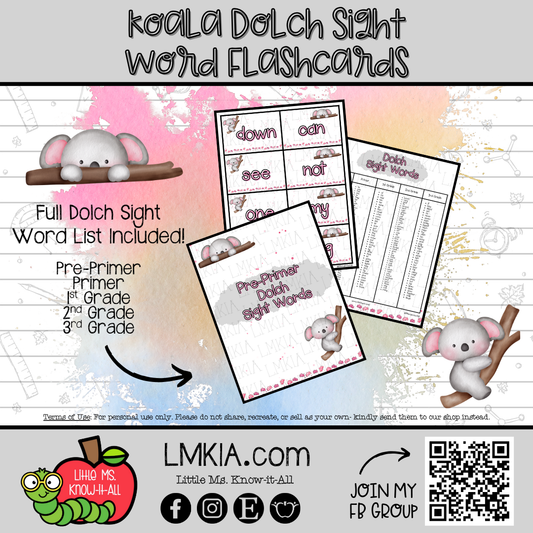 Koala Dolch Sight Word Printable Flashcards