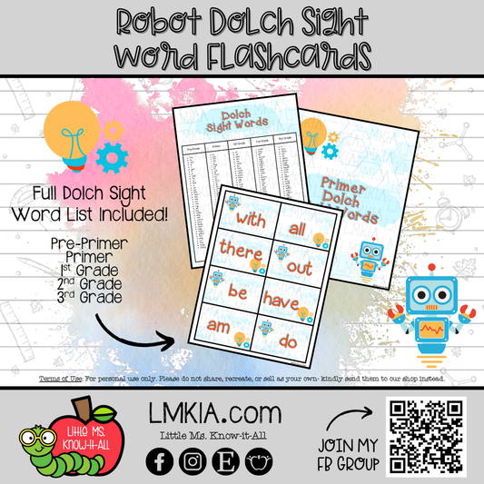 Robot Dolch Sight Word Printable Flashcards