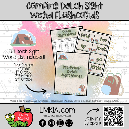 Camping Dolch Sight Word Printable Flashcards
