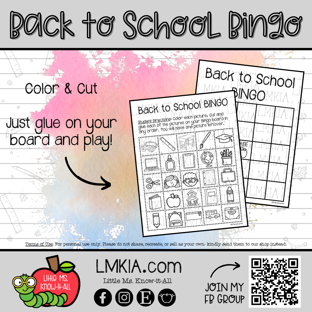 Back to School Bingo Board Printable