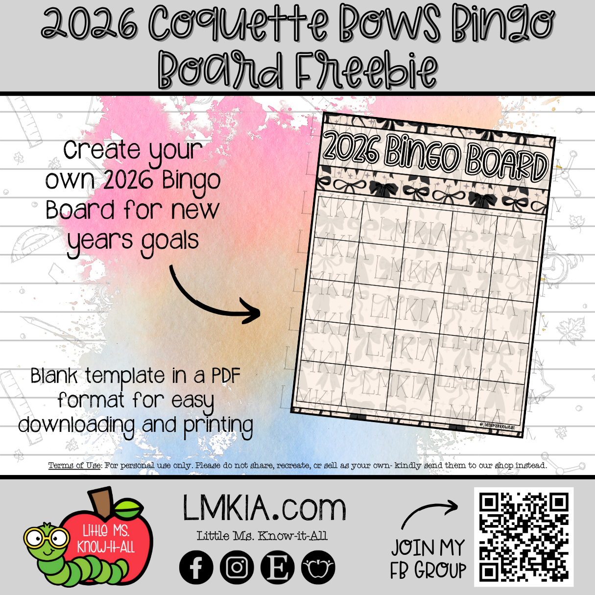 Coquette Bows 2026 Bingo Board FREEBIE